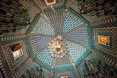 Samarkand, Uzbekistan, circa september 2019: Interior of historical necropolis and mausoleums of Shakhi Zinda, Samarkand, Uzbekistan.
