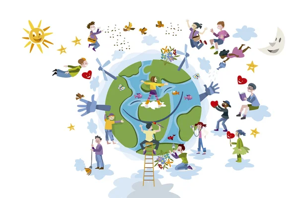 Children Take care of Planet Earth  White — Stock Vector