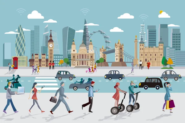 London Skyline and Business People Walking — Stock Vector