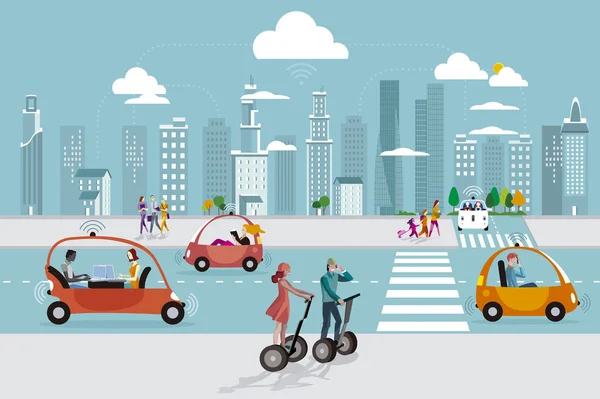 在城市的无人驾驶自主车 — 图库矢量图片