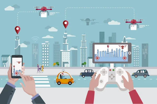 Drones dans une ville moderne — Image vectorielle