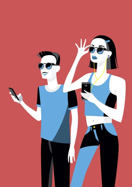 Millennial mit Smartphone-Kopfhörer und Brille — Stockvektor