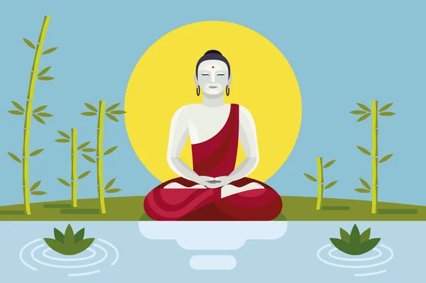 Buddha meditating with Lotus and Bambu — Stock Photo, Image