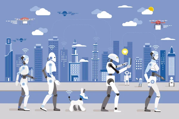 Fütüristik bir şehirde yürüyüş robotlar — Stok Vektör
