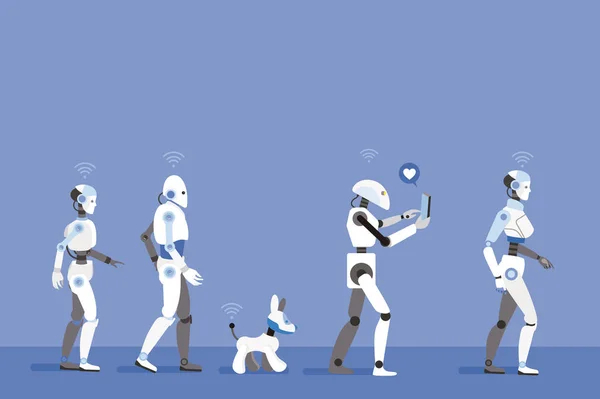 Robots Android y un robot perro caminando con fondo azul — Archivo Imágenes Vectoriales