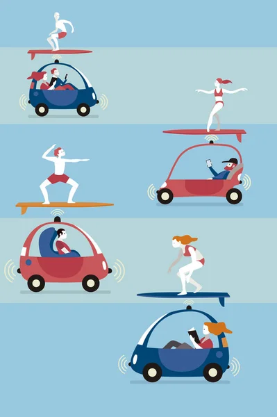 Voitures autonomes et surfeurs — Image vectorielle