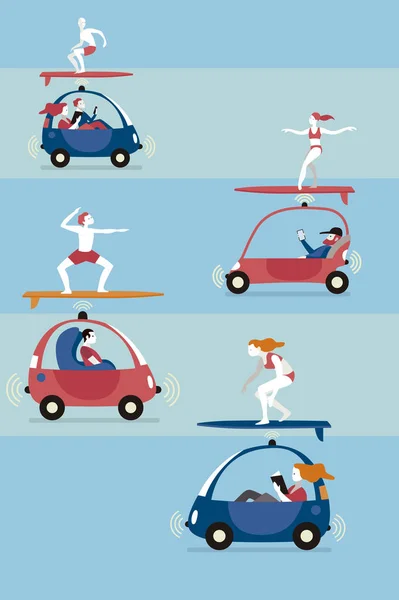 Αυτόνομα αυτοκίνητα και Surfers — Διανυσματικό Αρχείο
