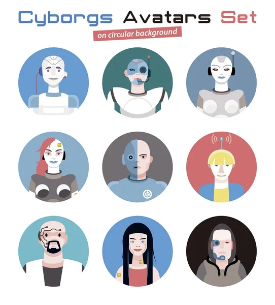 Cyborgs Avatares Set Circular — Vetor de Stock