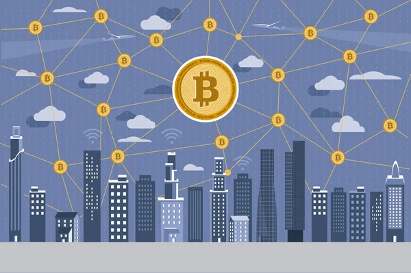 Modern City and Bitcoin Network — Stock Vector