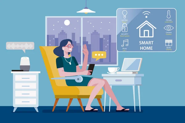 Woman controlled her Smart Home by a smart phone — 스톡 벡터