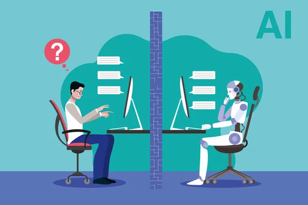 Turing testine bakan bir robot ve bir bilim adamı. Yapay zeka vektörü gösterimi