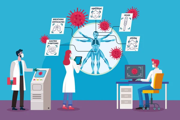 Investigadores Del Coronavirus Equipo Investigadores Médicos Están Estudiando Los Síntomas — Archivo Imágenes Vectoriales