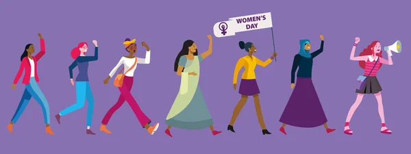 Vrouwen Van Verschillende Rassen Culturen Vieren Internationale Vrouwendag Maart Strijd — Stockvector