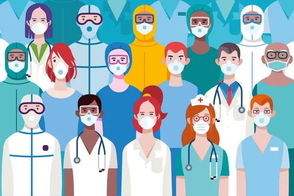 Team Van Vrouwelijke Mannelijke Artsen Verpleegkundigen Dragen Verschillende Persoonlijke Beschermende — Stockvector
