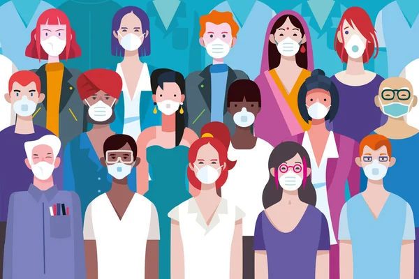 Hommes Femmes Différentes Races Avec Des Masques Protecteurs Médicaux Protection — Image vectorielle
