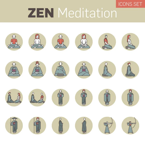 Conjunto Iconos Del Budismo Zen Actividades Monjes Monjas Budistas Zen — Vector de stock