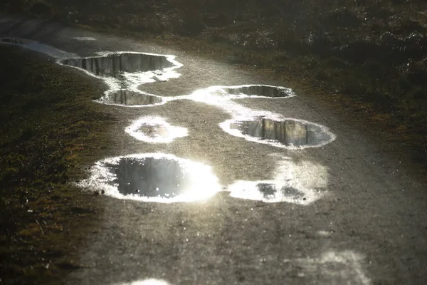 Sun reflected in puddles on walking path or small country road after rain