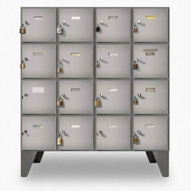Farklı asma kilitlere ve etiketlere sahip metal dolaplardan oluşan beyaz bir tasarım..