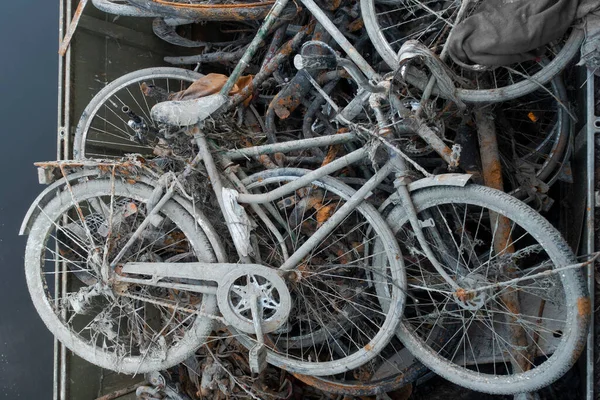 Pomiń Kupą Zardzewiałych Błotnistych Rowerów Wyciągniętych Rzeki — Zdjęcie stockowe