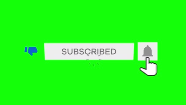 クロマキー緑色の背景を持つ購読ボタンとベル通知をクリックするマウス — ストック動画