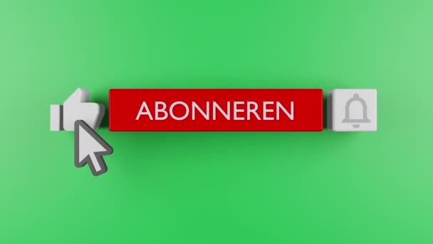 鼠标点击按铃按钮并打开通知打开 Youtube Animation Green Screen Chroma Key Background 以荷兰语订阅 — 图库视频影像
