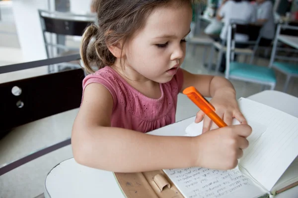 लहान मुलगी एका नोटबुकमध्ये लिहिते — स्टॉक फोटो, इमेज