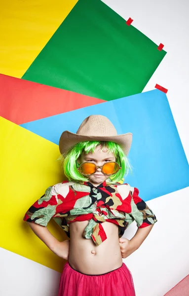 Girl cowboy in a green wig — Stock Photo, Image