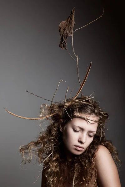 Retrato de mujer con ramas en el pelo — Foto de Stock