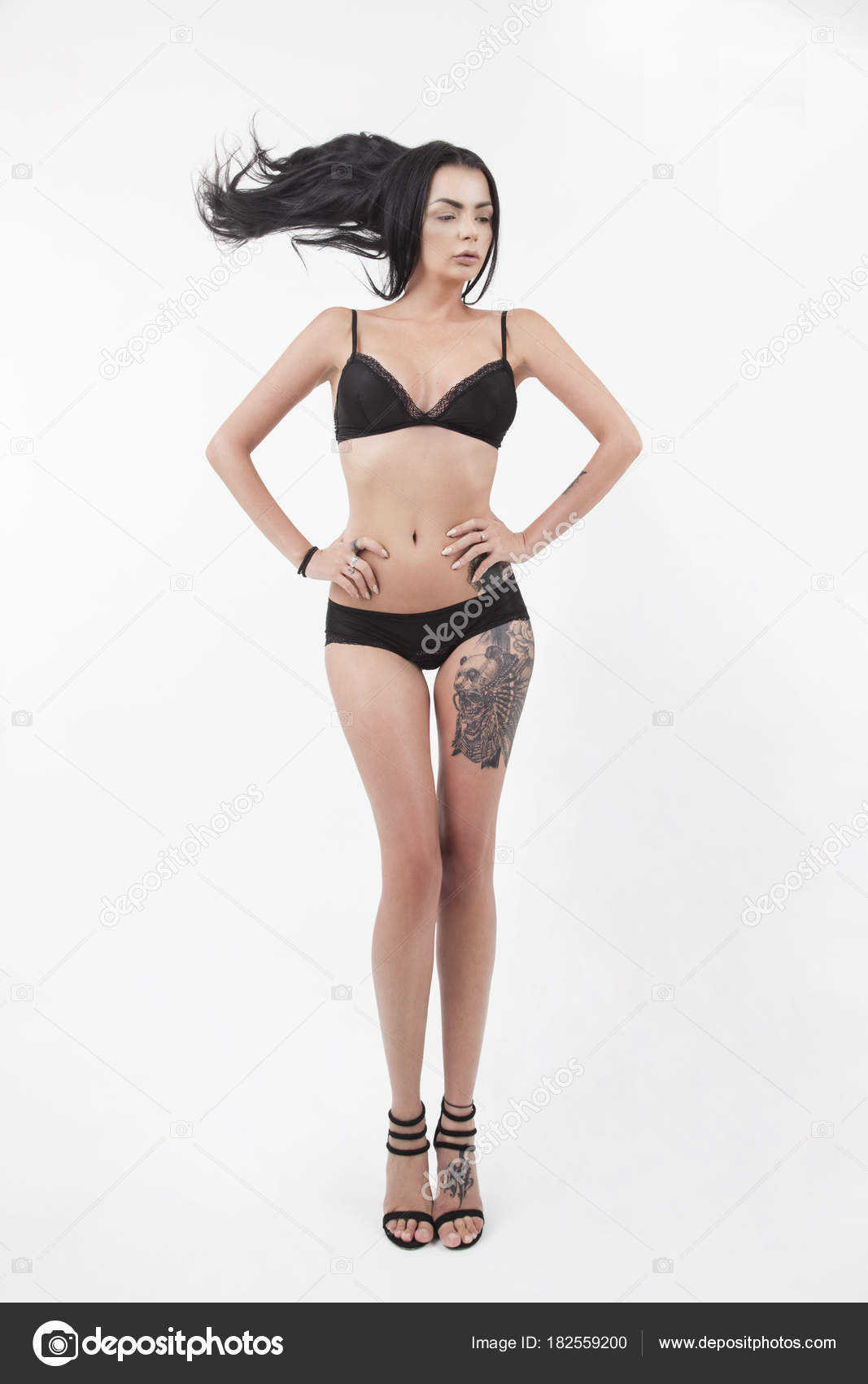 Full Length Brunette Woman Posing Sexy Underwear Standing Isolated