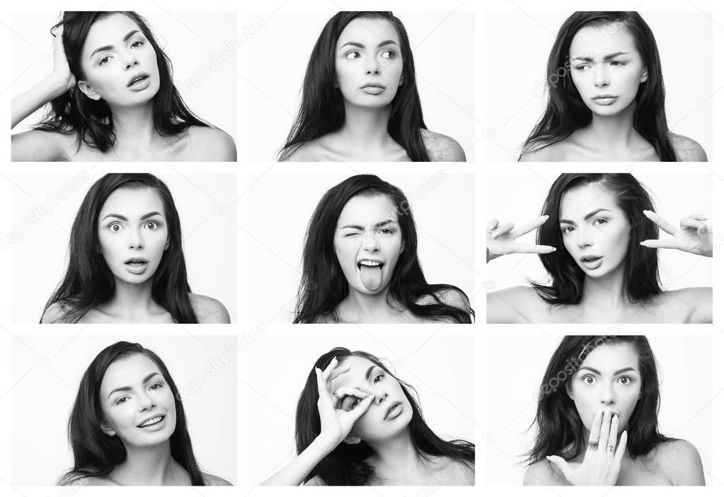 set of portraits of young brunette woman isolated on white background