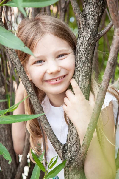 Portrait Smiling Girl Trees Garden Stock Image