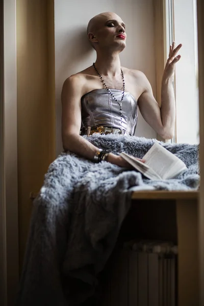 Handsome Bald Man Dress Sitting Window — Stock Photo, Image