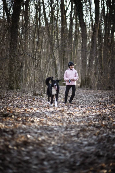 Ragazza Che Cammina Con Cane Nella Foresta — Foto Stock