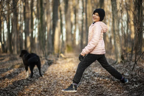 Girl Walking Dog Forest — Stock Photo, Image