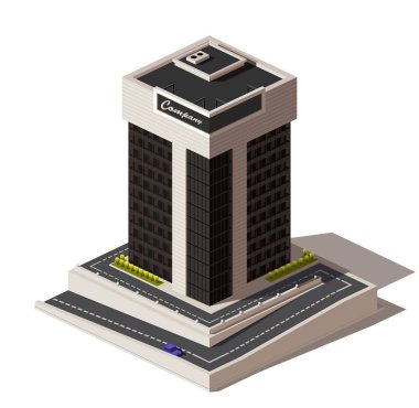 Vektör izometrik düşük Poli simgesini veya illüstrasyon. Yollar ve şehir oluşturmak için araba ile bir ofis binası bir bina daire, bir gökdelenin ile haritaları.