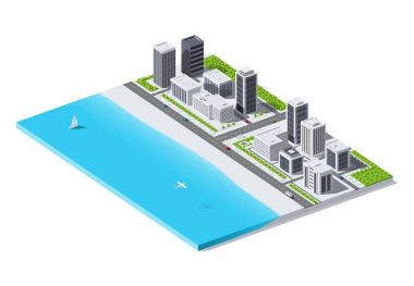 Şehir okyanus tarafından. İzometrik düşük Poli vektör çizim.
