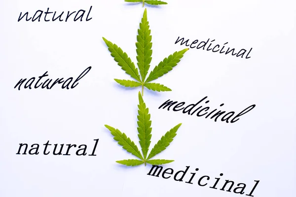 Medicinal Marijuana - Natural - leaves on printed background with text — Stock Photo, Image