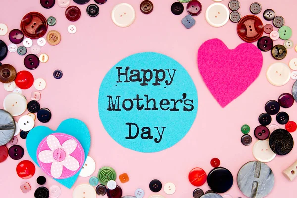 Sewing - Happy Mother's Day with buttons on pink background — Stock Photo, Image