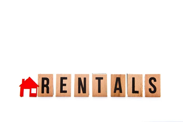 House Rentals - block letters with red home / house icon with white background