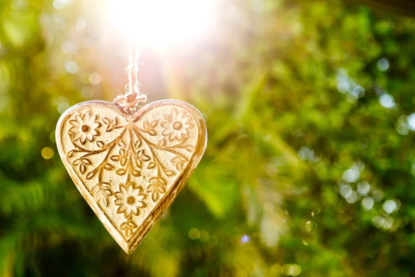 Houten hart decoratie met backlit zonlicht tegen groene rug — Stockfoto