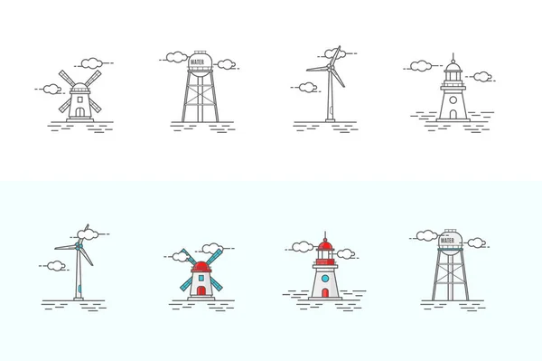 Větrný mlýn, maják, vodárenská věž — Stockový vektor
