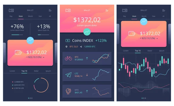 Handel Dashboards Voor Bitcoin Vectorillustratie Vector — Stockvector