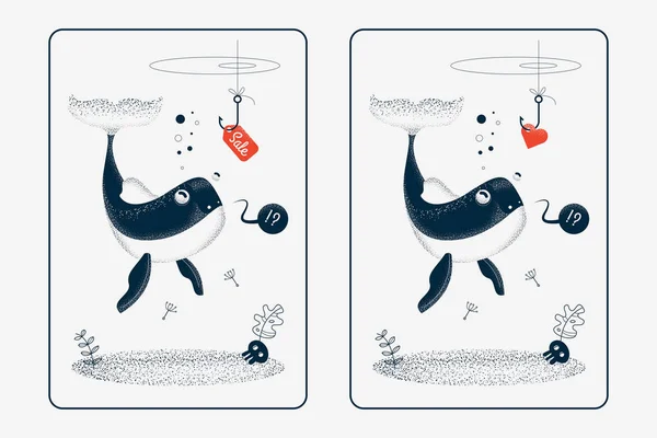 クジラ入りのカードセットベクトルイラスト — ストックベクタ