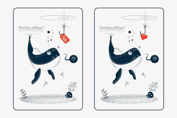 Conjunto Cartas Com Baleias Simples Ilustração Vetorial Gráficos De Vetores