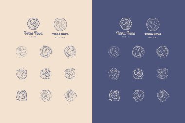 Ağaçta çapraz kesitli minimalist logo veya dövmeler içeren soyut vektör kümesi