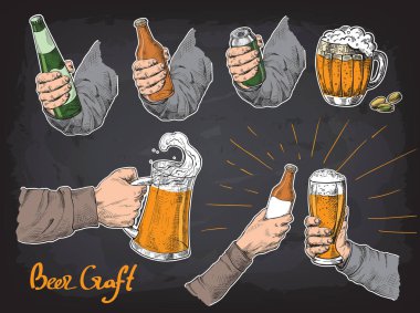Hands holding and clinking with beer glasses mug bottle clipart