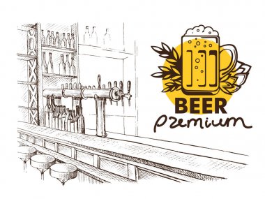 Bira bar pub, uzun bir masa sandalye ile
