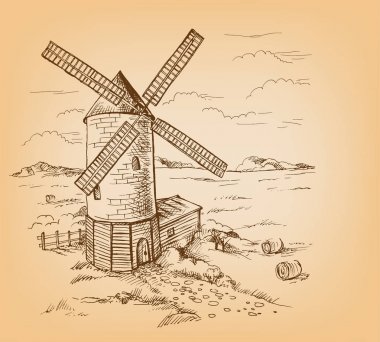 Yel değirmeni buğday alanları ile