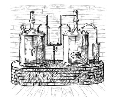 Row of tanks and wooden barrel in brewery beer clipart
