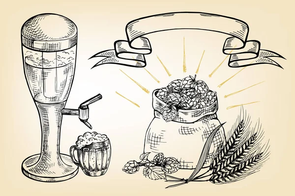 Kufel wieża chmielu i szkło — Wektor stockowy